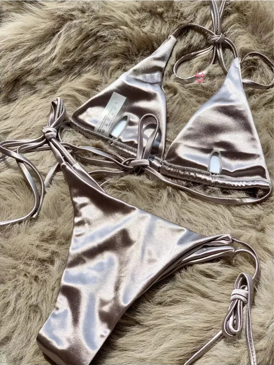 Metallic Satin Bikini Damen – Wrap Around Halter Zweiteiler